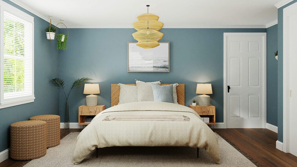 A modern bedroom with plants, furniture and a large bed in the center